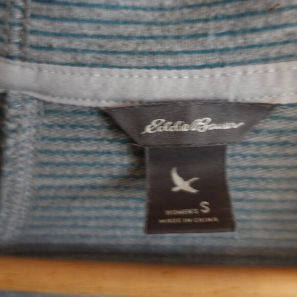 𝅺EDDIE Bauer Sweater Striped Gray Blue Pockets Small - Picture 4 of 12